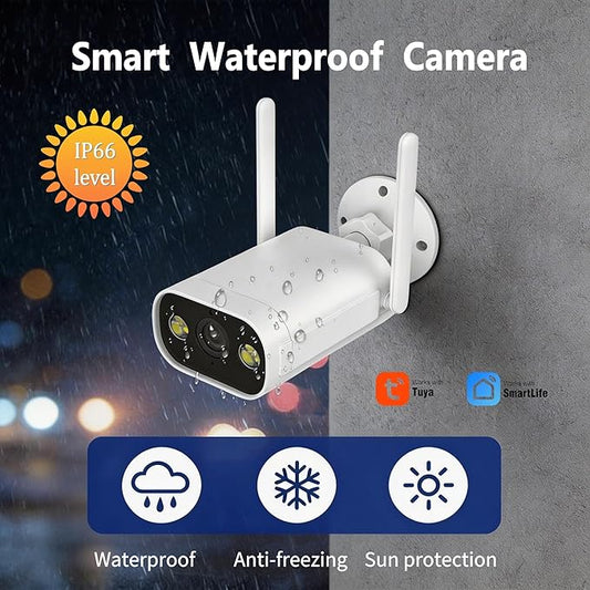 Security Camera Outdoor 2K 3MP, HD WiFi 2.4G Home Security Camera for Outside with IR & Color Night Vision, 2-Way Audio, IP66 Waterproof, Tuya/Smart Life App, Cloud & SD Card Storage (No SD Card)