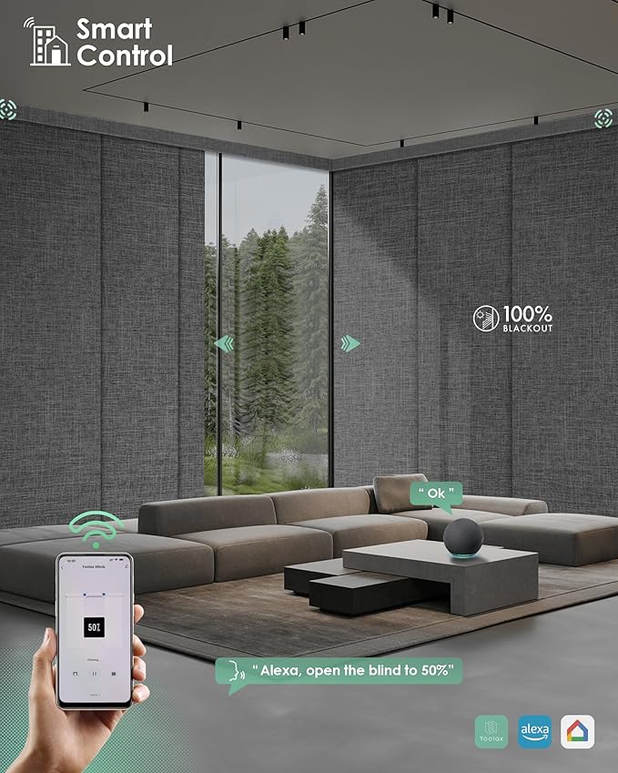 Yoolax Custom XL Smart Sliding Door Blinds, Motorized Sliding Panel Blinds Compatible with Alexa, Blackout Vertical Blinds for Glass Doors, Patio Doors, Closet Doors, Fabric-Dark Grey