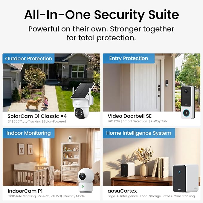 aosu Total-Watch Classic AI Suite, 3K Solar Security Camera Outdoor System | 3K / 5MP, AI Human+Vehicle+Pet, Expandable to 16TB, Works with Alexa & Google Assistant, 170° Wide, Outdoor PTZ 360°