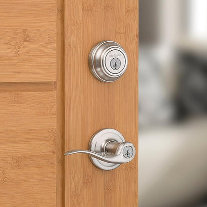 Kwikset 991 Tustin Entry Lever and Single Cylinder Deadbolt Combo Pack featuring SmartKey in Satin Nickel, Model Number: 99910-040