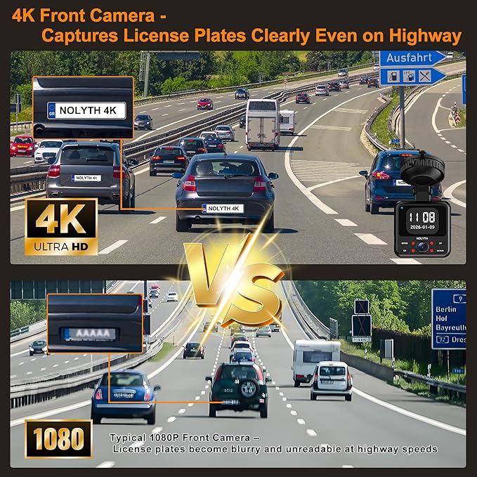 NOLYTH 4K Dash Cam 3-Channel: Front 4K Captures License Plates on Highway+Inside 2K+Rear 1080P 64GB Card 5G Wi-Fi & App 4IR Night Vision G-Sensor 24H Parking for Uber/Lyft/Families/New Drivers