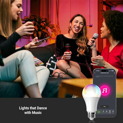 Leona Smart Bulb, RGB Color Changing +Tunable White, WiFi, E26 Base, 9W LED, 800 Lumens, App-Controlled, Voice Compatible, 2700K-6500K (4-Pack)