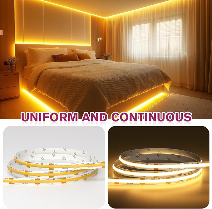 EMITEVER COB LED Strip Lights Warm White, 2700K Tape Light Premium High Density, DC 24V, 360+Lumens/ft, 2560LEDs/Spool, Ra 90+, 16.4ft/5m, UL Listed 5 Year After-Service (Power Supply Sold Separately)