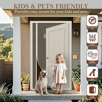Yotache White Reversible Left Right Side Opening Magnetic Screen Door Fits Door Size 32 x 82, Unobstructed View Upgraded Polyester Mesh for Back Door, Actual Screen Size 34" x 83"