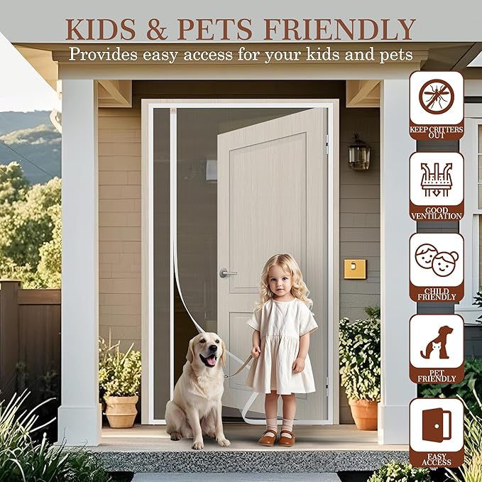 Yotache Reversible Left/Right Opening Magnetic Screen Door Fits 48 x 96 inch Doors, Screen Size 50" x 97" Anti-Tearing Net with Strong Magnets for Front/Back Patio Door, White