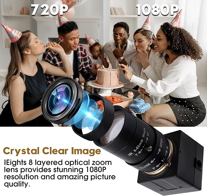 1080P USB Webcam with Zoom 5-50mm, Variable Focus, High Speed 100fps, UVC USB2.0 for PC & Industrial Video