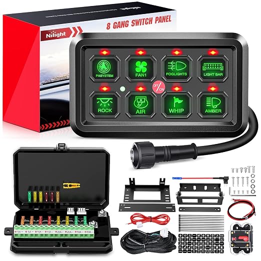 Nilight 8 Gang Switch Panel System Circuit Control Relay System Fuse Wiring Harness Automatic Dimmable ON Off LED Switch Pod for 12V Cars Trucks Campers SUV, 2 Years Warranty | Universal Circuit Control Fuse Wiring Harness ON Off Green Backlit LED Pod ...