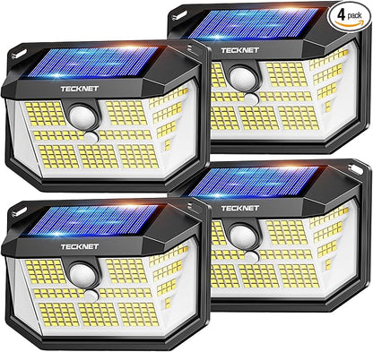 TECKNET 231 LED Solar Motion Lights Outdoor, 300° Angle & 3 Lighting Modes, PIR Motion Sensor & IP65 Security Solar Wall Lights for Fence Front Door Yard Deck Garden Garage(4 Pack)
