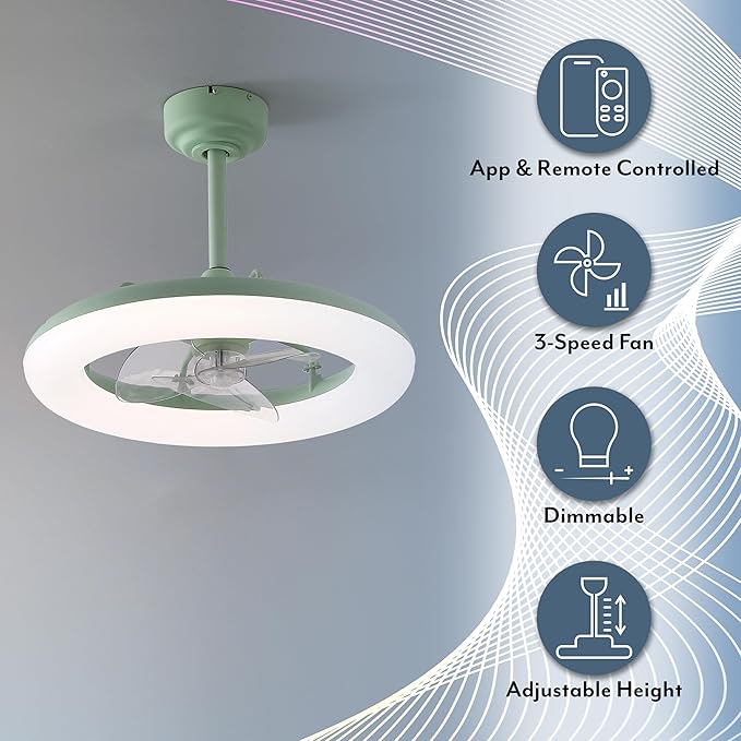 OVAL AIR AIR8001B Piero 21.5" Contemporary Minimalist 6-Speed Metal Mobile-App/Remote-Controlled Dimmable Smart Integrated LED Ceiling Fan Bedroom, Living Room, Dining Room, Pistachio Gelato