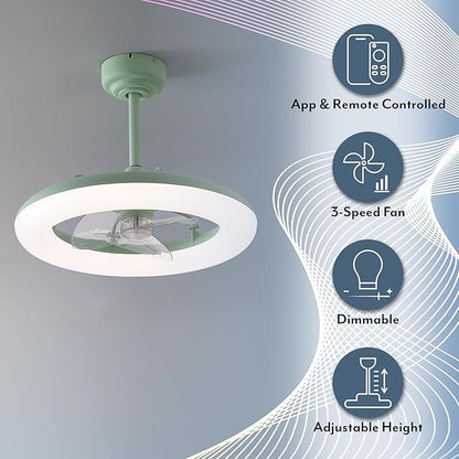 OVAL AIR AIR8001B Piero 21.5" Contemporary Minimalist 6-Speed Metal Mobile-App/Remote-Controlled Dimmable Smart Integrated LED Ceiling Fan Bedroom, Living Room, Dining Room, Pistachio Gelato