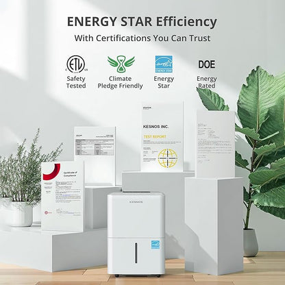 Kesnos 2,500 Sq. Ft. Energy Star 2025 Dehumidifier for Home & Basement, Ideal for Bedroom with Ultra Quiet 36 dB, 0.39-Gallon Water Tank with Drain Hose, 4 Pre-Set Modes, Auto Defrost, Timer