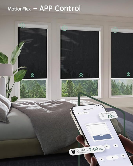 Yoolax Motorized Shades Dual Control, MotionFlex Motorized Solar Shades with App & Manual Control, Fireproof Waterproof Automatic Blinds for Indoor Windows, Custom Size (5% Openness Black)