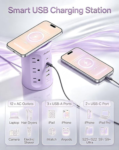 Power Strip Tower with USB Ports, 6.5 FT Extension Cord with Multiple Outlets (12AC+3A+2C) for Home Office Desk College Dorm Room Supplies