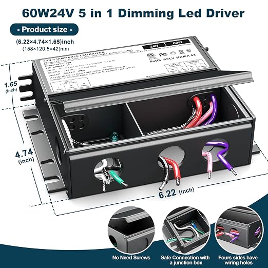 Dimmable LED Driver 24V 60W, 5-1 LED Transformer Compatible with Lutron and Leviton Dimmer Switch,Smooth Flicker Free Dimming, ETL& Class 2& FCC Certified, Triac/0-10V/RX/1-10V Dimmable Power Supply