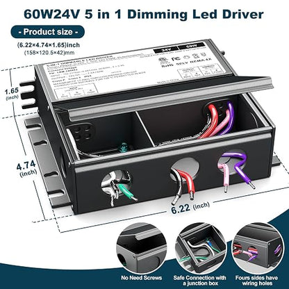 Dimmable LED Driver 24V 60W, 5-1 LED Transformer Compatible with Lutron and Leviton Dimmer Switch,Smooth Flicker Free Dimming, ETL& Class 2& FCC Certified, Triac/0-10V/RX/1-10V Dimmable Power Supply