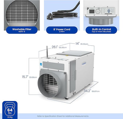 AprilAire E100W Smart Wi-Fi Whole-House Dehumidifier 100-Pint ENERGY STAR Commercial Dehumidifier for Basement, Crawl Space & Home up to 4,400 Sq.Ft. with Pump, Drain Hose, Hanging Kit, MERV 11 Filter