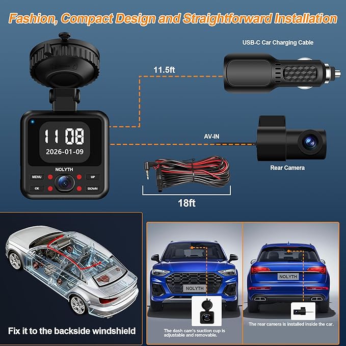 NOLYTH 4K Dash Cam 3-Channel: Front 4K Captures License Plates on Highway+Inside 2K+Rear 1080P 64GB Card 5G Wi-Fi & App 4IR Night Vision G-Sensor 24H Parking for Uber/Lyft/Families/New Drivers