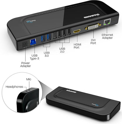 Diamond Multimedia Dual Video Output, USB 3.0/2.0 Universal Docking Station with Gigabit Ethernet, HDMI, DVI, Audio for Windows 11, MacOS and Android 5.0+. Display Link Certified DL-3900 Chip