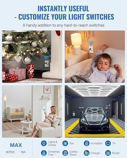 Remote Control Outlet Wireless Wall Mounted Light Switch, Wireless On Off Remote Outlet Switch with Magnetic Base, 100ft RF Range, 15A/1875W, Two Switches for One 0utlet W09RC2106