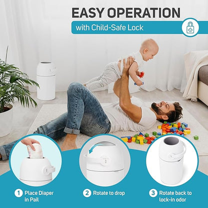L.A. BABY Magic Diaper Pail - Patented 100% Odor-Free System with Child-Safe Lock - Award-Winning Design - No Refills Required - Works with Regular Trash Bags - White