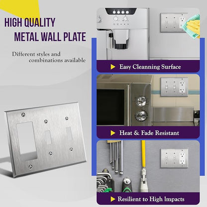 ENERLITES Combination Toggle Light Decorator Switch Metal Wall Plate, Corrosive Resistant, Size 3-Gang 4.50" x 6.38", 430 Gauge Alloy, 771231, Stainless Steel, Silver | Combination two toggle & one decorator, Rust-proof stainless, Standard 3-gang, 3-ye...