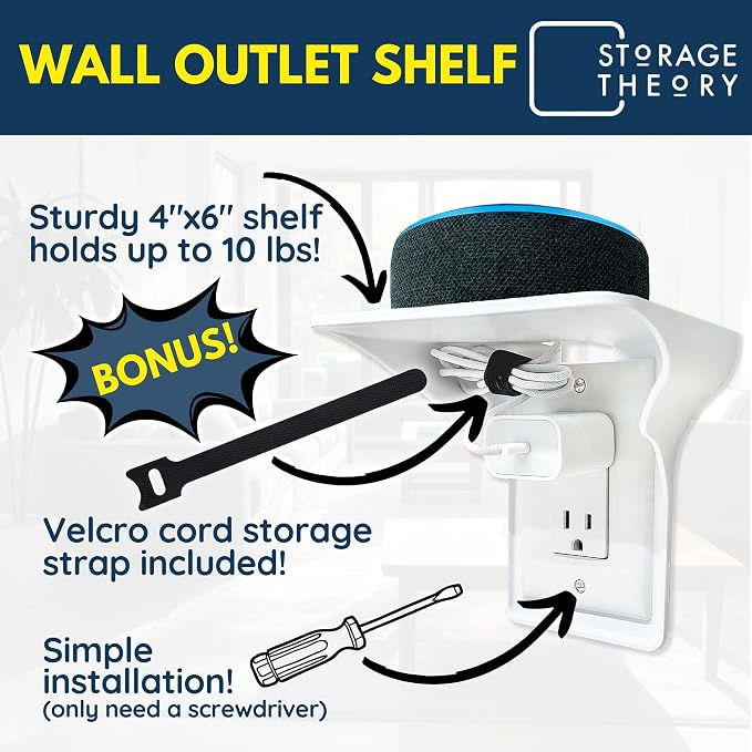 Power Perch Outlet Shelf Organizer for Alexa Echo Dot, HomePod Mini Speakers, Phone - Wall Outlet Holder with Cord Storage Strap - Socket Shelf Bathroom Kitchen Counter Charging Station - White 2 Pack