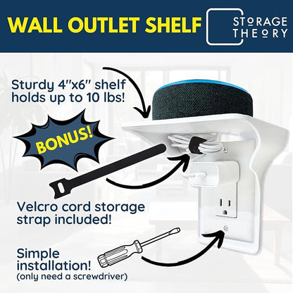 Power Perch Outlet Shelf Organizer for Alexa Echo Dot, HomePod Mini Speakers, Phone - Wall Outlet Holder with Cord Storage Strap - Socket Shelf Bathroom Kitchen Counter Charging Station - White 2 Pack