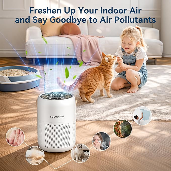 FULMINARE Air Purifiers for Home Bedroom Up to 680 Ft², with H13 HEPA Air Purifier, 360° Intake for Pet Hair, Smoke, Odors. Features 3 Speeds, Timer, 24dB Quiet & Night Light, (White)