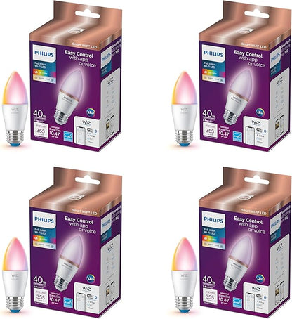 Philips Smart 40W B12 Candle-Shape 4-Pack, E12 Base, Full Color, Dimmable, Indoor, Connect to Wi-Fi, Control Voice or App - Powered by WiZ Connected