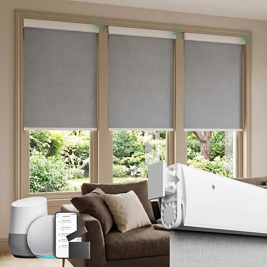 Motorized Blinds with Remote, Blackout No Drill Cordless Smart Roller Shades, Automatic Blinds for Windows, Grey,36" W x 72" H