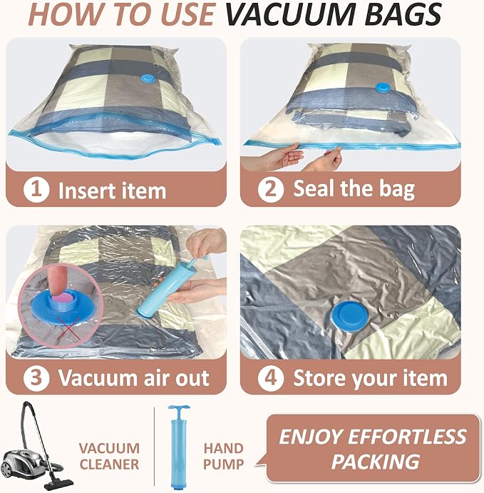 8 XXL Jumbo Vacuum Storage Bags for Bedding, Space Saver with Hand Pump | 47.2" x 35" Extra Large Vacuum Seal Bags for Bedding, Comforters, Blankets & Pillows; 80% Space-Saving Storage for Home