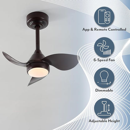 OVAL AIR AIR8000C Albini 22" Contemporary Minimalist 6-Speed Metal Mobile-App/Remote-Controlled Dimmable Smart Integrated LED Ceiling Fan for Living Room, Bedroom, Office, Olympic Dark Walnut