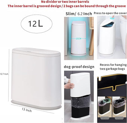 White Slim Bathroom Trash Can with Press Top Lid,12 Liter Small Thin Garbage Can,3.17 Gallon Narrow Dog Proof Plastic Waste Basket and Covered Wastebasket for Room,Bedroom,Kitchen,Toilet,Office,Dorm