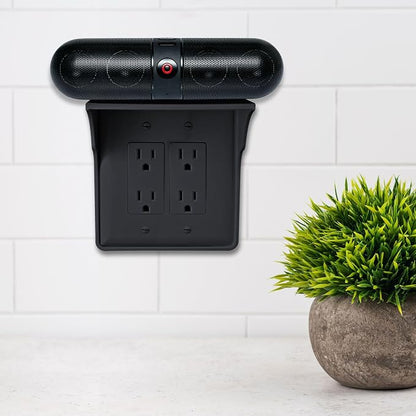 Power Perch Double Outlet Shelf Organizer for Alexa Echo Dot Speakers, Phone - Wall Outlet Holder with Cord Storage Strap - Socket Shelf Bathroom Kitchen Counter Charging Station - Black 1 Pack