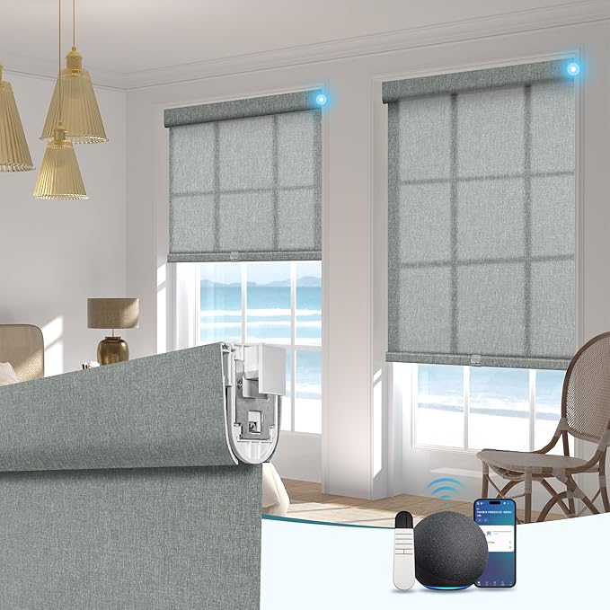 BERISSA Smart Motorized Blinds with Remote,No Drill Automatic Roller Blinds for Indoor Windows,Light Filtering Linen Fabric,Electric Shades for Windows Home Office,Filter Linen Grey,Custom Size