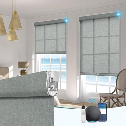 BERISSA Smart Motorized Blinds with Remote,No Drill Automatic Roller Blinds for Indoor Windows,Light Filtering Linen Fabric,Electric Shades for Windows Home Office,Filter Linen Grey,Custom Size