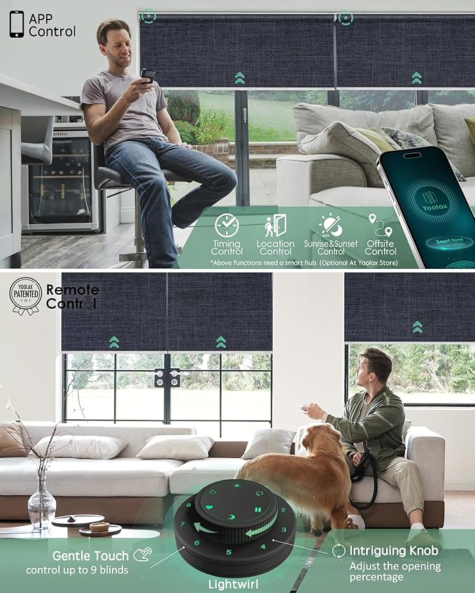 Yoolax Motorized Blinds with Remote, 100% Blackout Smart Roller Shades Work with Alexa, Google, Apple Homekit, Custom Automatic Shades with Voice Control for Bedroom Office (Fabric Navy Blue)