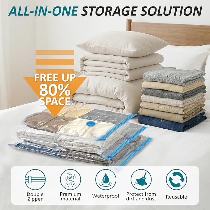 Vacuum Storage Bags with Hand Pump, Vacuum Seal Space Saver Bags,30 Combo | 80% Space-Saving Bags for Clothing, Blankets, Pillows, Bedding & Comforters; Multi-Size Variety Pack for Home & Travel