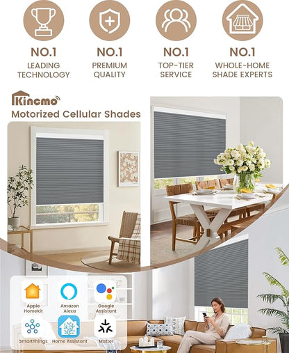Kincmo Motorized Cellular Shades, Custom Motorized Blinds with Remote, Cordless Smart Electric Honeycomb Blinds Work with Apple HomeKit, Alexa, Google (85%-Blackout-Double-Cell Dark Grey)
