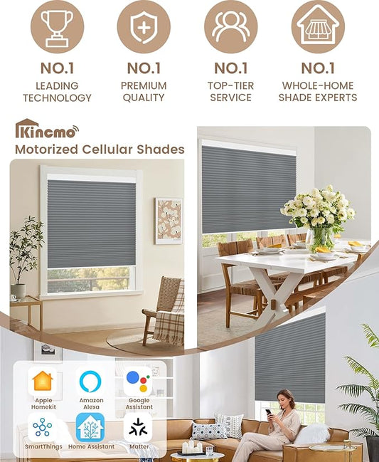 Kincmo Motorized Cellular Shades, Custom Motorized Blinds with Remote, Cordless Smart Electric Honeycomb Blinds Work with Apple HomeKit, Alexa, Google (85%-Blackout-Double-Cell Dark Grey)