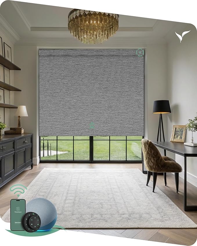Yoolax Motorized Blinds with Remote, Designer Smart Blinds Work with Alexa, Google, Apple Homekit, 100% Blackout Motorized Shades Custom Electric Shades Voice Control (V-Basalt Stripe)