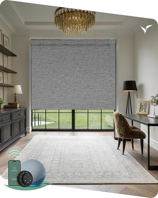 Yoolax Motorized Blinds with Remote, Designer Smart Blinds Work with Alexa, Google, Apple Homekit, 100% Blackout Motorized Shades Custom Electric Shades Voice Control (V-Basalt Stripe)