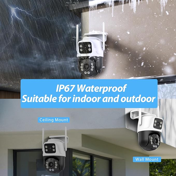 TOWODE 6MP Security Camera Outdoor 360°PTZ Surveillance System Dual Lens Linkage 2.4Ghz 24/7 Record IP66 WiFi Camera for Home Security with Motion Detection, Color Night Vision,Two-Way Audio（2Pack）
