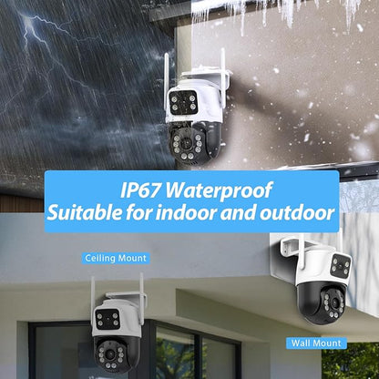 6MP Security Camera Outdoor, 360°PTZ Surveillance System, Dual Lens Security Camera 2.4Ghz 24/7 Record IP66 WiFi Camera for Home Security with Motion Detection, Color Night Vision,Two-Way Audio（White）
