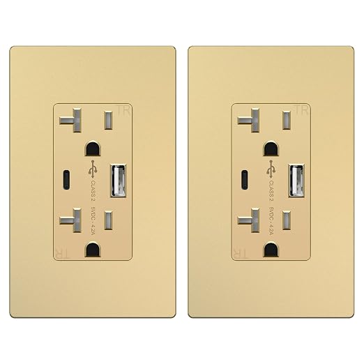 TOPGREENER 2-Port USB Outlets, 4.2A Type A&C USB Wall Outlet, Gold, 2 Pack | UL Listed, 20 Amp Tamper Resistant Receptacle, USB Outlets Receptacles, Charging Power Outlet, Wall Plate Included
