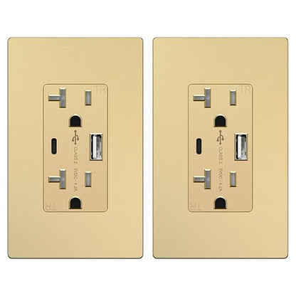 TOPGREENER 2-Port USB Outlets, 4.2A Type A&C USB Wall Outlet, Gold, 2 Pack | UL Listed, 20 Amp Tamper Resistant Receptacle, USB Outlets Receptacles, Charging Power Outlet, Wall Plate Included