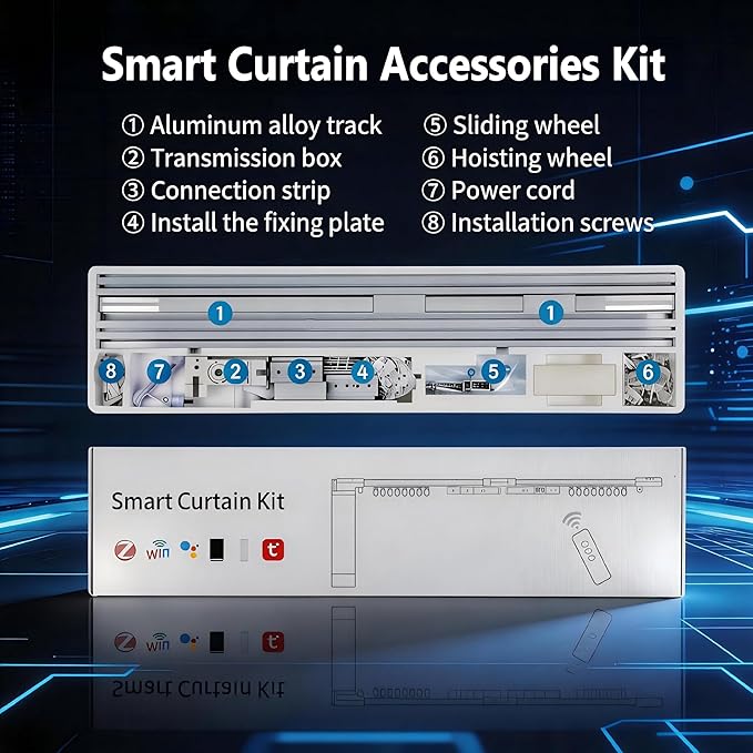 Smart Curtains, Universal Electric Curtain Accessories Installation Kit, Aluminum Alloy Thickened Silent Track 204.7''(5.2m), Including a Complete Set of Accessories, Excluding Curtain Motor