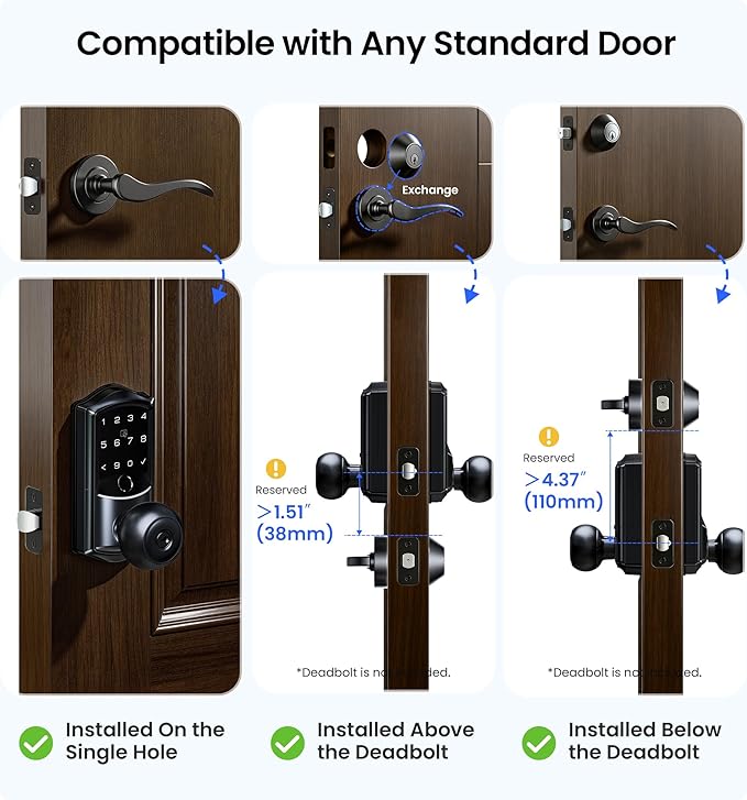 Veise VE028 Built-in Wi-Fi Smart Lock with Knob, Fingerprint Keyless Entry with Handle, App Remote & Voice Control, Electronic Digital Keypad for Front Door and Bedroom, IP65 Waterproof, Matte Black