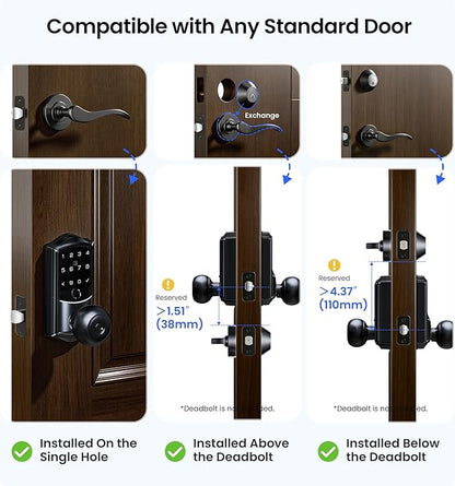 Veise VE028 Built-in Wi-Fi Smart Lock with Knob, Fingerprint Keyless Entry with Handle, App Remote & Voice Control, Electronic Digital Keypad for Front Door and Bedroom, IP65 Waterproof, Matte Black