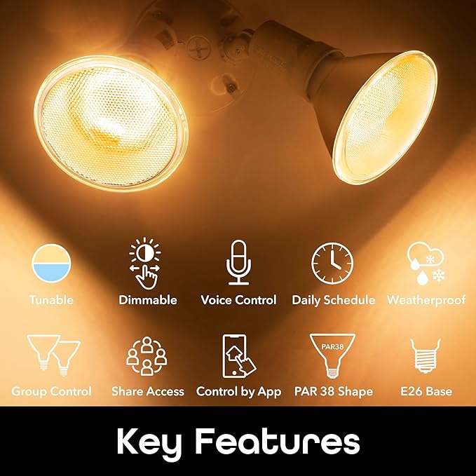 Geeni LUX Smart Floodlight, White – Outdoor 2700K-6500K Dimmable LED Bulb, E26, PAR38, 11W, 1000 Lumens – No Hub Needed - Compatible with Alexa, Google Home, Requires 2.4 GHz WiFi, 2 Pack